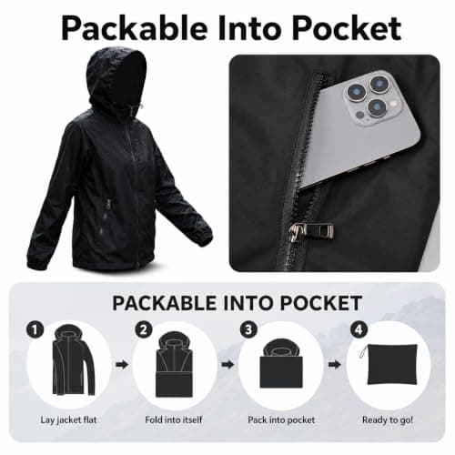 Innfttwo Lightweight Rain Jackets Womens ladies Waterproof Jackets with Hood Packable Raincoat Women, Black, XS — view 4
