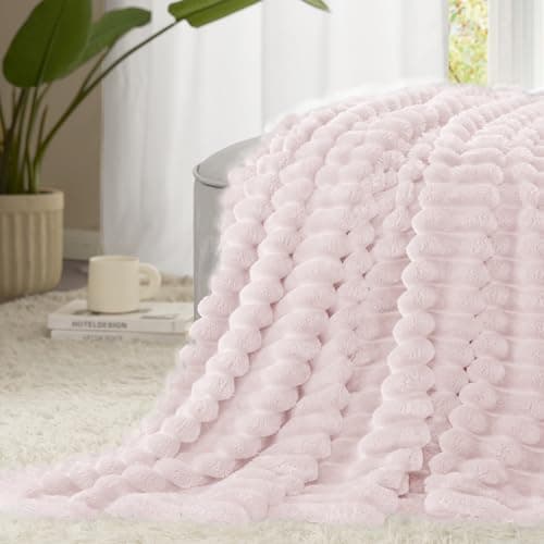 WAVVE Pink Blanket - Single Fluffy Striped Fleece Throw for Sofa, Bed, Couch, Lightweight Fuzzy Warm Decorative Throw for Women Girls, 130x150 cm — view 3