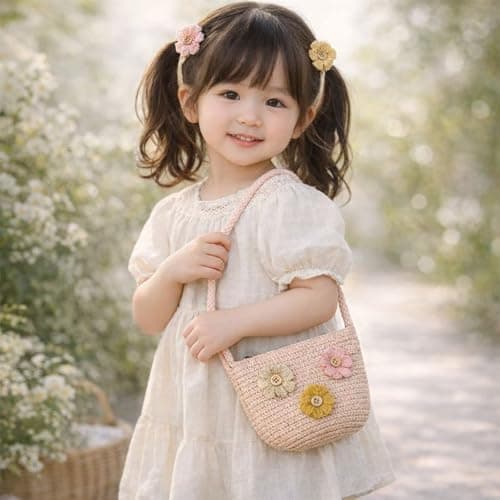 AWAVM Girls Crossbody Bag Set - Cute Toddler Handbag With Flower Sunglasses, Adjustable Braided Purse For Childen(Pink/Beige, 12x14cm) (Pink 3flower) — view 2