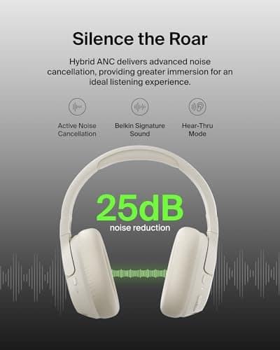 Belkin SoundForm Isolate Noise-Cancelling Wireless Headphones, over ear headphones with mic, Bluetooth headphones with 60H playtime, deep bass, CloudCushion ear cups for travel, home, office - Beige — view 2