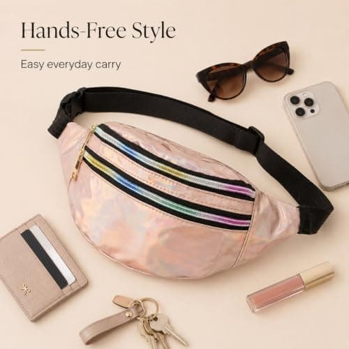 Fashion Metallic Bum Bag,Holographic Waist BagFanny Double Zipper Belt Bag Festival Rave Bumbags Waterproof Hip Pouch for Women Ladies Girls Travel Party Festival Sports Outdoor (Champagne Color) — view 6