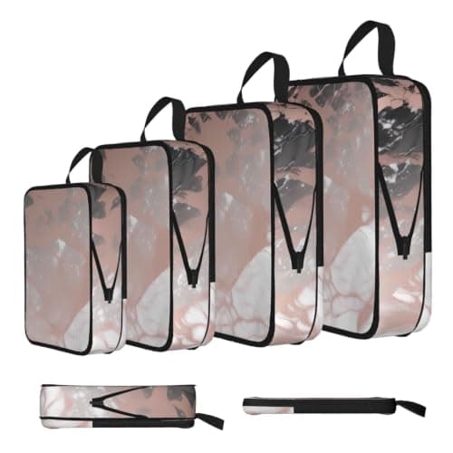 Marble Color Rose Gold Compression Packing Cubes 4 Set, Travel Organiser Bags with Double Zippers for Suitcase Luggage Backpack