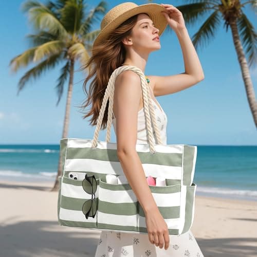 oscaurt Beach Bag Multi-pocket Beach Tote with Zip Waterproof Shoulder Handbags for Women Holiday Travel Essentials Women's Totes for Fitness Swimming and Grocery Shopping — view 2