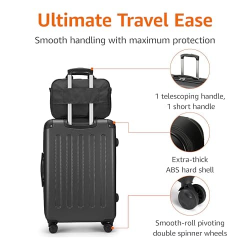 Amazon Basics Hardside Carry-On Spinner Luggage Set, 3-Piece, Carry-On Suitcase, Tote Bag, Compact Travel Bag, Expandable, 4 Spinner Wheels, Black — view 3