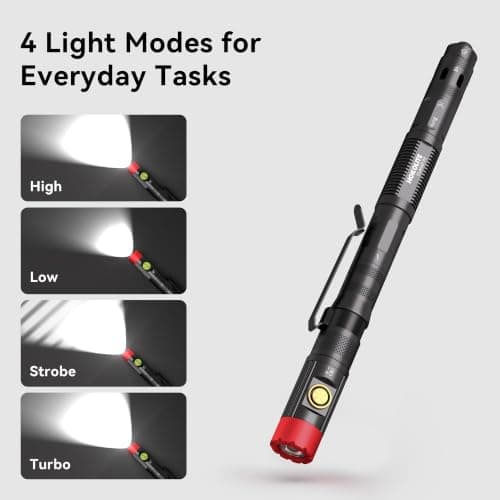 Rechargeable Pen Light, 7-in-1 Multitool Pen Flashlight with 4 Light Modes, Pocket LED Inspection Light with Clip, Ballpoint Pen, Stylus, Screwdrivers, Bottle Opener & Glass Breaker Tip (1, Black) — view 3