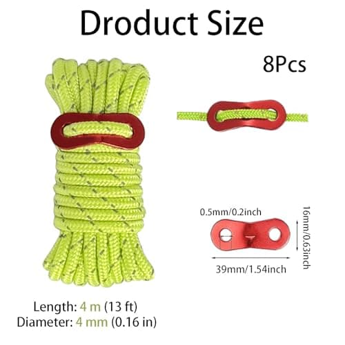 Nylon Rope, Tent Guy Ropes, 8 Fluorescent Green Guy Lines for Camping, 400 cm Length and 0.4 cm Diameter Nylon Cord — view 2