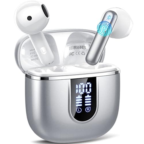 Wireless Earbuds, Bluetooth 5.4 Earphones HiFi Stereo, 14mm Drivers with Big Bass, 40H Bluetooth Headphones with 4 ENC Noise Cancelling Mic, IP7 Waterproof Ear Buds Comfortable Fast Charging Silver