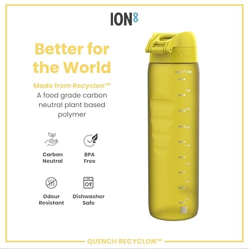 ION8 1 Litre Water Bottle, Leak Proof, Flip Lid, Carry Handle, Rapid Hydration, Dishwasher Safe, BPA Free, Contoured Grip, Ideal for Travel, Gym & Activity, Carbon Neutral Recyclon, 32 oz, Yellow — view 5