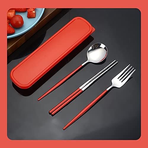 AXIAOLU Travel Utensils, Stainless Steel 4pcs Cutlery Set Portable Camp Reusable Flatware Silverware, Include Fork Spoon Chopsticks with Case (Red) — view 2