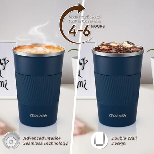 Aolieh Travel Mug 380 ml, Insulated Coffee Cup with Lid, Reusable Stainless Steel Thermal Cup for Coffee, Tea & Cold Drinks, Leak-Resistant Double-Walled Travel Mug, Navy Blue — view 4