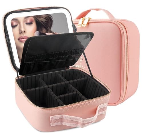 MOMIRA Travel Makeup Bag Cosmetic Bag Makeup Organizer Bag with Lighted Mirror, Adjustable Brightness in 3 Color Scenarios, Waterproof Makeup Train Case, Gift for Women - Pink