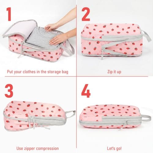 Compression Packing Cubes for Travel, Travel Essentials Luggage Organizer bags for Suitcase, Durable Compression Travel Packing Cubes for Carry on Backpack(Pink strawberry, 7pcs) — view 3