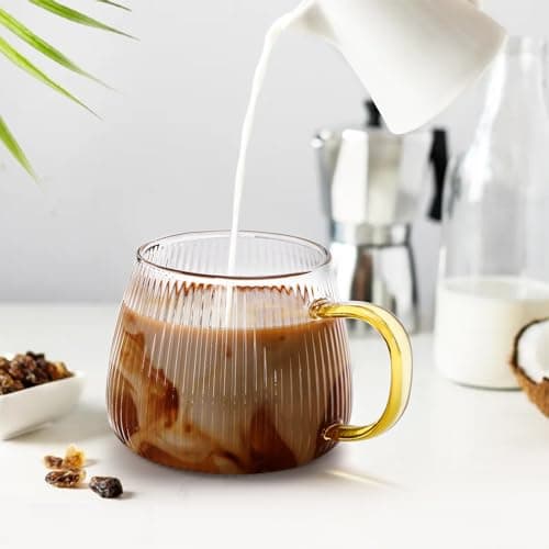 AVLA 6 Pack Glass Coffee Mugs, 16OZ/480ML Unique Vertical Stripes Coffee Cup, Clear Large Tea Glasses with Handle, Vintage Transparent Glassware for Hot/Cold Beverages, Cappuccino, Latte, Juice — view 3