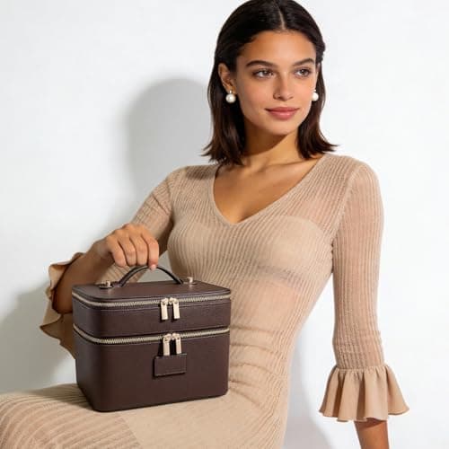 HiTotes Makeup Bag Vanity Case for Women Large Leather Makeup Case Travel Toiletry Bags Double Layer Cosmetic Bag for Daily Use — view 5