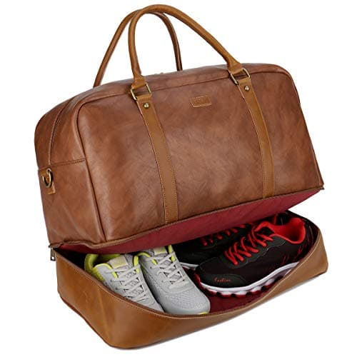 BAOSHA Faux Leather Travel Holdall Carry On Weekender Bag Overnight Travel Duffel Tote Bags for Men and Women with Shoe Compartment HB-38 (Brown) — view 5