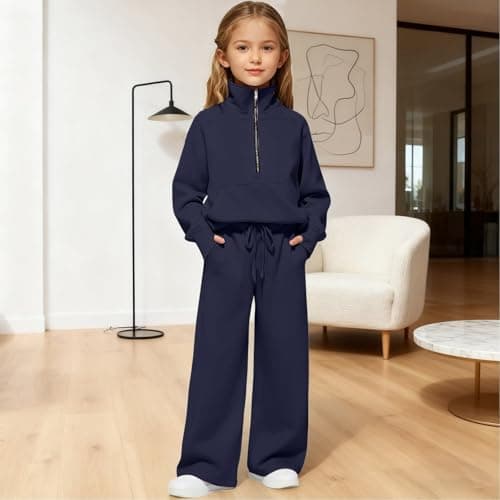 DFSDJEUW wide leg travel set Girls Tracksuit Quarter Zipper Set Kids 2 Piece Long Sleeve Sweatshirts and Loose Sweatpants Sport Outfit Spring Autumn Jogging Pants Activewear girls outfits 11-12 years — view 2