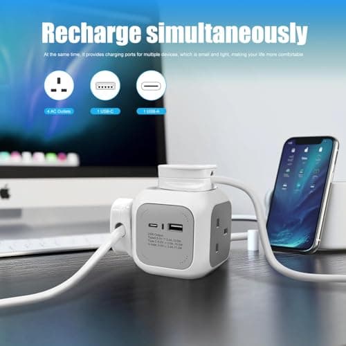 EXTRASTAR 4 Way Cube Extension Lead 1.5M, Power Cube Usb C 3120W, Cube Plug Extension with 2 Usb Ports(5V/3.4A) for Home Office Dorm and Travel - Grey — view 6
