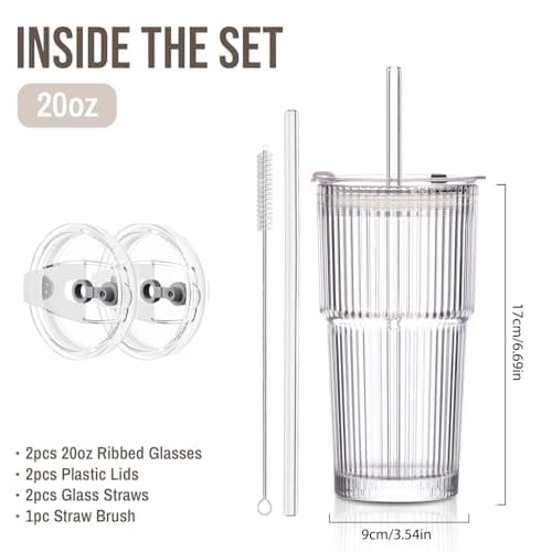 SoulTimes 600ml Glass Cups with Lids and Straws, Ribbed Glass Tumbler for Iced Coffee, Smoothie, Juice & Cold Drinks, Reusable Thick Glassware Set, Elegant Home & Travel Drinkware【2 Pack】 — view 3