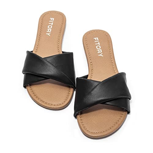 FITORY Women's Sandals Flat Slip On Leather Summer Slide Pure Black Size 5 — view 2