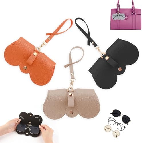 3Pcs Soft Leather Sunglasses Bag Flat Slim Portable Eyeglass Cases for Handbag Fashion Sun Glasses Holder Pouch Skinny Travel Spectacles Protective Cover with Lanyard for Women Men