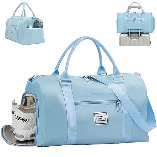 FIORETTO Womens Gym Sports Bag Travel Bag with Shoes Compartment & Wet Pocket, Weekend Overnight Duffle Hospital Bag Carry On Bag Holdall for Travel Swimming Light Blue