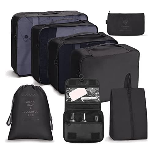 OSDUE Packing Cubes for Suitcases, 8 PCS Travel Luggage Packing Organizers Waterproof Travel Essentials Bag Accessories, Clothes Shoes Cosmetics Toiletries Storage Bags, Black