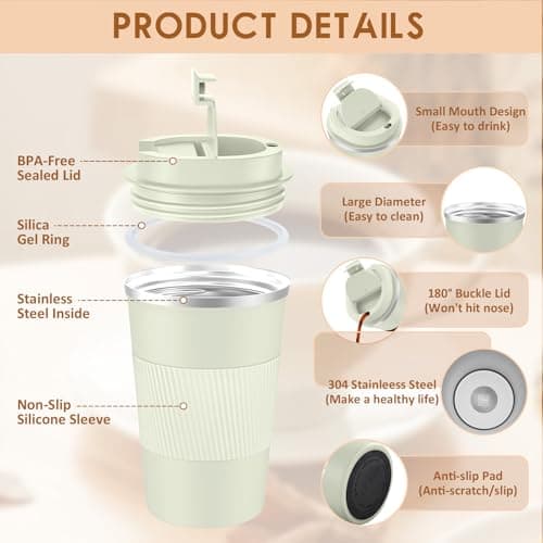 KETIEE Travel Mug 380ml Insulated with Leakproof Lid - Reusable Double Walled Thermal Coffee Cups, Stainless Steel Coffee Mug for Hot Cold Drinks - Cream — view 2