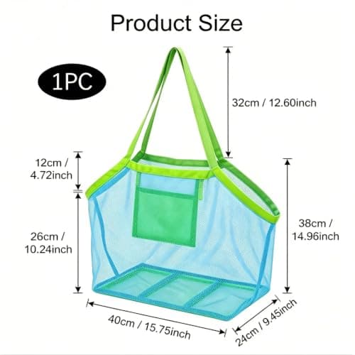 Large Mesh Beach Bag,Beach Toy Bag for Kids,Mesh Beach Bags,Foldable Toys Net Tote Bags Waterproof Lightweight for Sand Storage for Wet Towels Swim Pool Travel Essentials Accessories (40x24x38 cm) — view 3