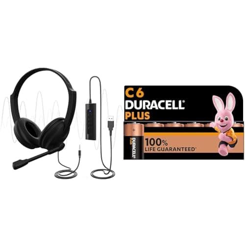 USB Headset with Microphone for PC Laptop, Adjustable Noise Cancelling Business Office Headsets & Duracell Plus C Batteries (6 Pack) - Alkaline 1.5V - 100% Life Guarenteed