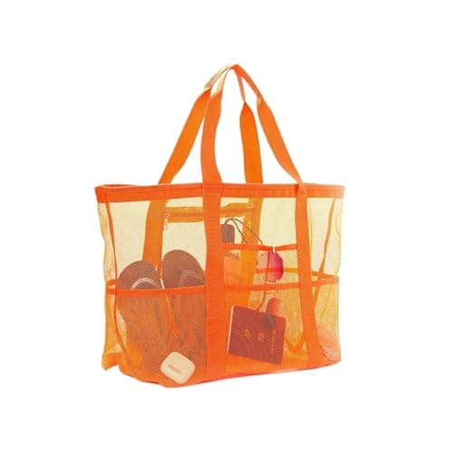 CCAIPU Large Mesh Beach Bag, Mesh Bag for Sand Toys, Foldable Handbags, Storage Bag with Pockets and Zip, for Beach, Holiday, Travel, Shopping (Orange)
