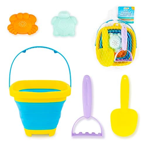 abeec Foldable Beach Bucket and Spade Set for Kids | 5 Piece Collapsible Sand Bucket with Spade, Rake and 2 Moulds | Travel Beach Toys, Holiday Essentials for Children Ages 3+ — view 2