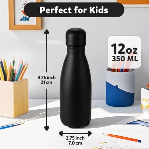 Volhoply 350ml/12oz Small Water Bottle Stainless Steel, BPA Free Insulated Water Bottles, Double Wall Cola Shape Flask, Keeps Cold 24 Hours and Hot 12 Hours for Kids Handbag (Black) — view 2
