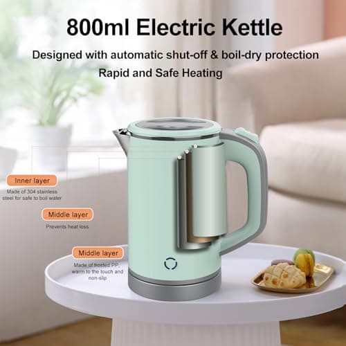 Zoravson 800ml Travel Kettle Small,600W Low Wattage Fast Boil Small Kettle for Caravan, Compact Mini Kettle Electric, Stainless Steel Kettles for Bedroom Office Hotel Dorm, UK Plug-Green — view 3