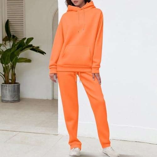 ziubauyke Womens Tracksuit Full Set Two Piece Long Sleeve Hoodie And Cuffed Sweatpants Outfits Lounge Wear Sets Ladies Fall Winter Co Ord Sets Solid Color Casual Travel Activewear Orange — view 4