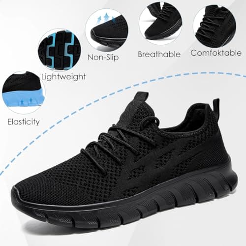 LANGFEUU Mens Trainers Breathable Lightweight Non-Slip Black UK Size 10 — view 2