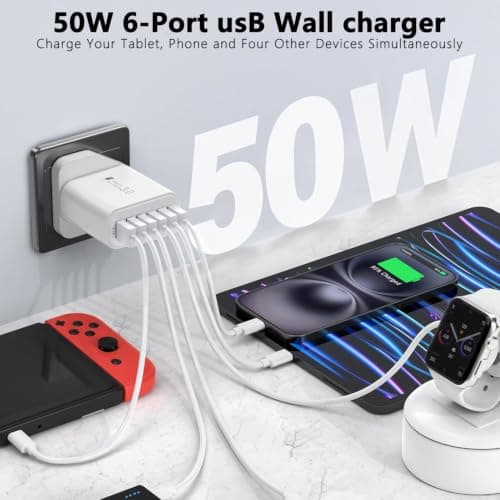USB Plug, 50W 6-in-1 USBA Charger, Multiport USB Wall Plug Charging Adapter — view 3