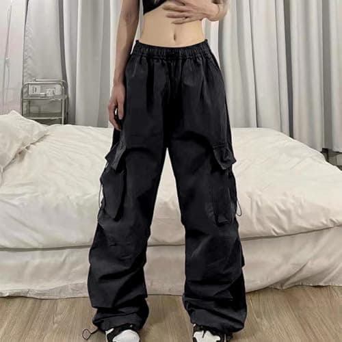 Women's Summer Cargo Parachute Pants with Loose Fit, Lightweight Nylon Fabric, Multi-Pocket Street Style for Casual Outings and Travel (Black, L) — view 2