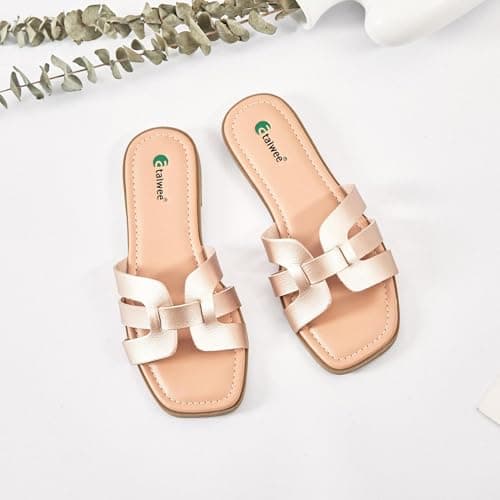 Ataiwee Women's Dressy H Flat Slide Sandals Faux Leather slippers,Gold 8 — view 3