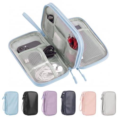 Arae PU Leather Cable Organizer Double Layer Travel Pouch, M Blue