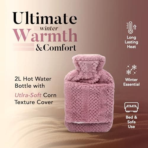 Hot Water Bottle with Hand Inserts & Luxury Cosy Faux Fur Cover, 2L Leakproof Large Hot Water Bag for Neck & Shoulder Pain Relief, Hand & Feet Warmer, Gift for Women,Men (Pink – Blush) — view 2