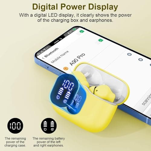 Btootos Wireless Earbuds, Bluetooth 5.4 Headphones In Ear with 4 ENC Noise Cancelling Mic, New Bluetooth Earbuds Mini Deep Bass Stereo Sound, 36H Playtime LED Display Wireless Earphones Yellow — view 6