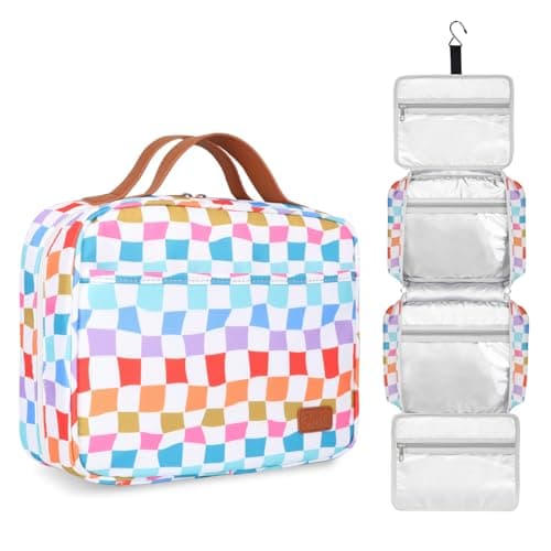 Travel Toiletry Bag for Women, Hanging Toiletry Bag with Hook Pastel Checkered Makeup Bag for Travel Size Toiletries, Cosmetics, Must Haves for Traveling Women