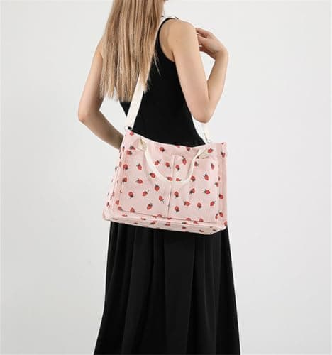 OrcoW Women's Canvas Tote Bags Strawberry Handbag with Removable Strap Large Crossbody Shoulder Laptop Purses Tote Bag Large Corduroy Canvas Cross body Bag for School Shopping Work Travel Gym — view 4