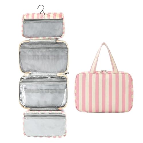 Travel Hanging Toiletry Wash Bag, Stripe Travel Makeup Bag with Hook, Large Wash Bag for Women, Toiletries Organizer for Holiday Essentials, Foldable Cosmetic Case for Travel