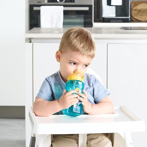 Baby Shark Water Bottle, 6M+ BPA Free 2 Pack 420ml Straw Sipper for Toddlers, Reusable Non Spill Flip Up Yellow Green Kids Lightweight School Nursery Bottle — view 3