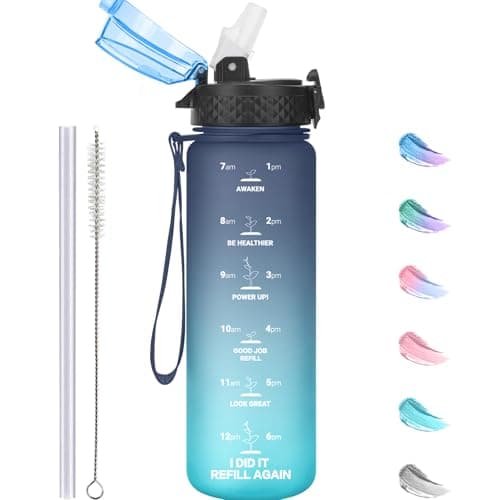 GOPPUS 500ml/17oz Kids Water Bottles with Straw Tritan Childrens Bottle with Flip Top Lid BPA Free Measured Drinks Bottle with Strap Sports Reusable Time Markings Leakproof (Gray Blue)