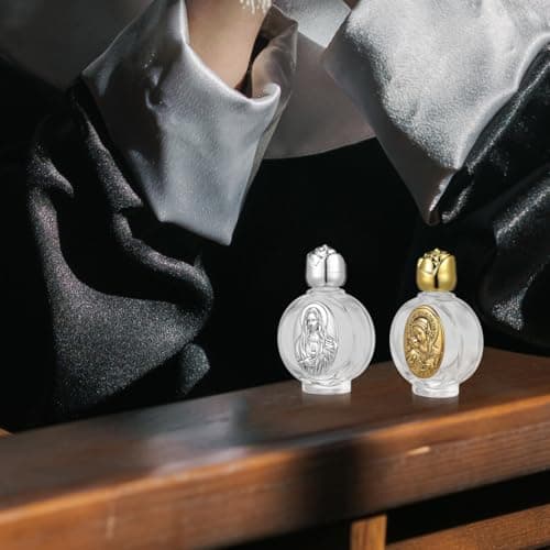 VALICLUD 2 pack Glass Holy Water Bottles Embossed Pocket Holy Water Container Refillable Prayer Jar for Baptism Communion Church Use Small Portable Bottle for Travel and Home — view 2