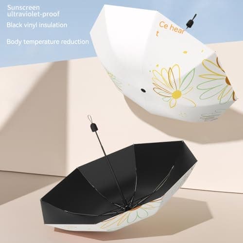 Meichoon UPF 50+ UV Protection Travel Umbrella Portable Compact 8 Ribs Lightweight Waterproof & Windproof Sunshade Stylish Simple Flower Design for Women for Hiking Backpacking Black — view 4