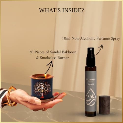 Sandal Bakhoor Burner Set & Zayn Perfume Spray by Dukhni | 2x9pc Sandalwood Bakhoor with Smokeless Burner & 10ml Travel Perfume | Home & Personal Fragrance Gift Set for Ramadan & Eid — view 2