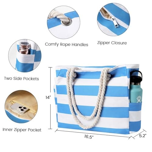 WORPICE Beach Bag - Large Zippered Bag with Adjustable Rope Handle, Durable Shoulder Bag for Travel, Gym, Shopping, Pool, Picnic Essentials — view 4